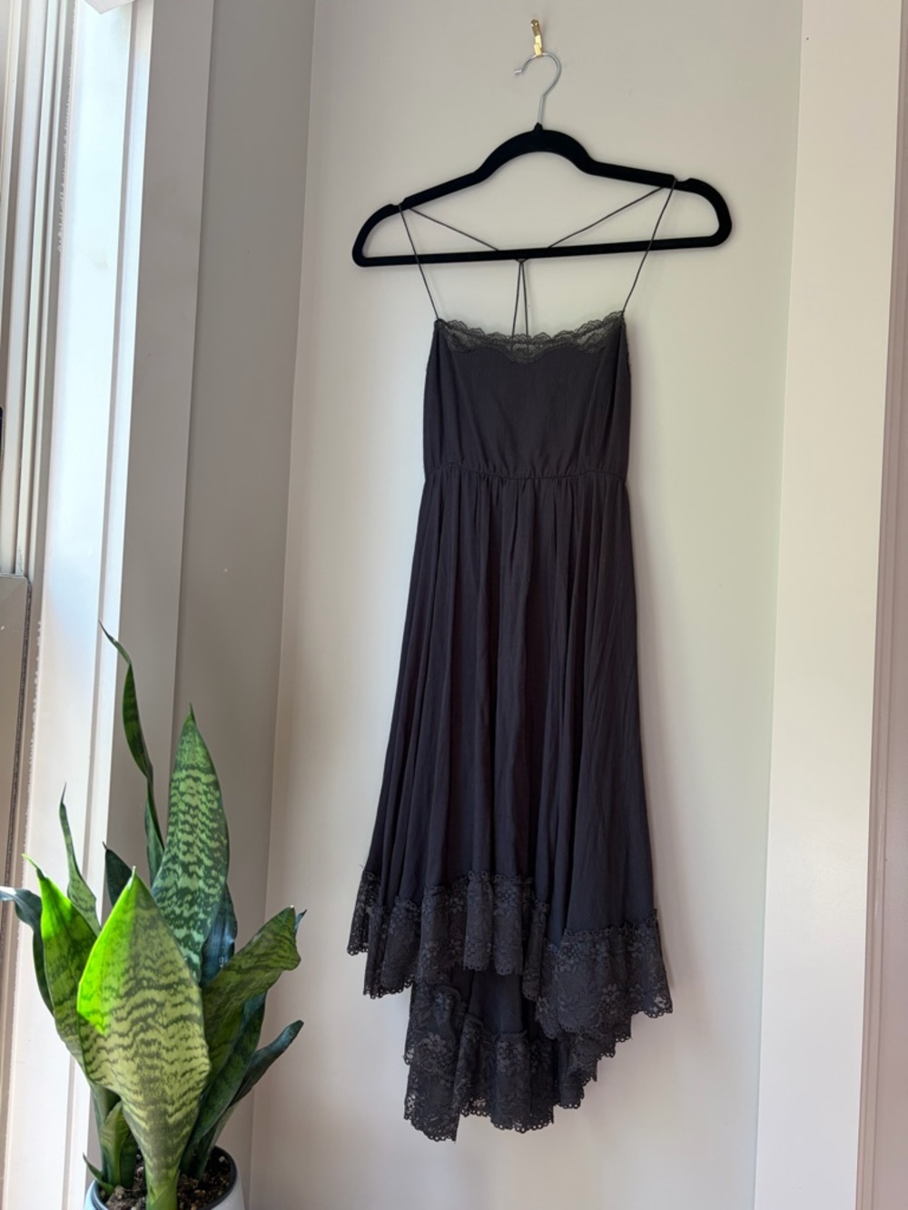 Free People Black Lace-Trim Asymmetric Slip Dress